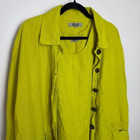 FLAX 100% linen 2 piece set Lagenlook cardigan and tank sz L maximalist layering - Picture 3 of 7